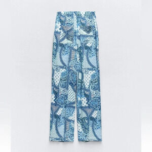 ZARA PAISLEY PRINT BLUE WHITE WIDE LEG PANTS